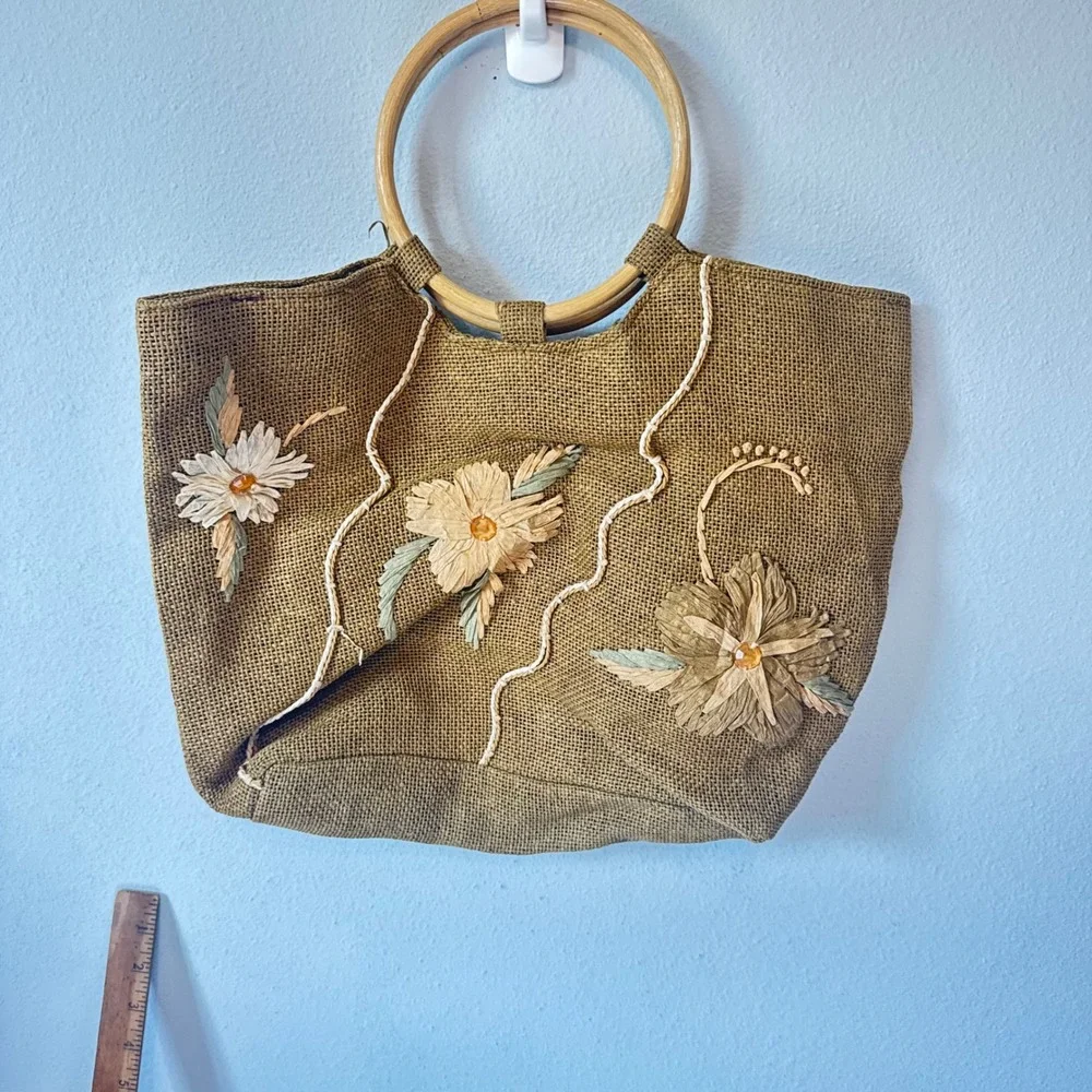 Unbranded Women Tan Burlap Raffia Floral Wooden Handle Boho Tote Bag Large
